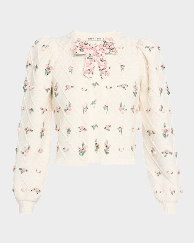 Kitty Floral Puff-Sleeve Cardigan